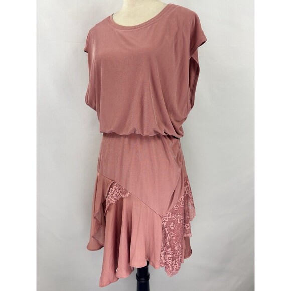 Free People Jazzy Dress Pink Rose Large Blouson Asymmetrical Hemline Lace Boho - Picture 14 of 16
